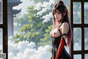 A woman with long hair stands by a window, wearing a revealing outfit.